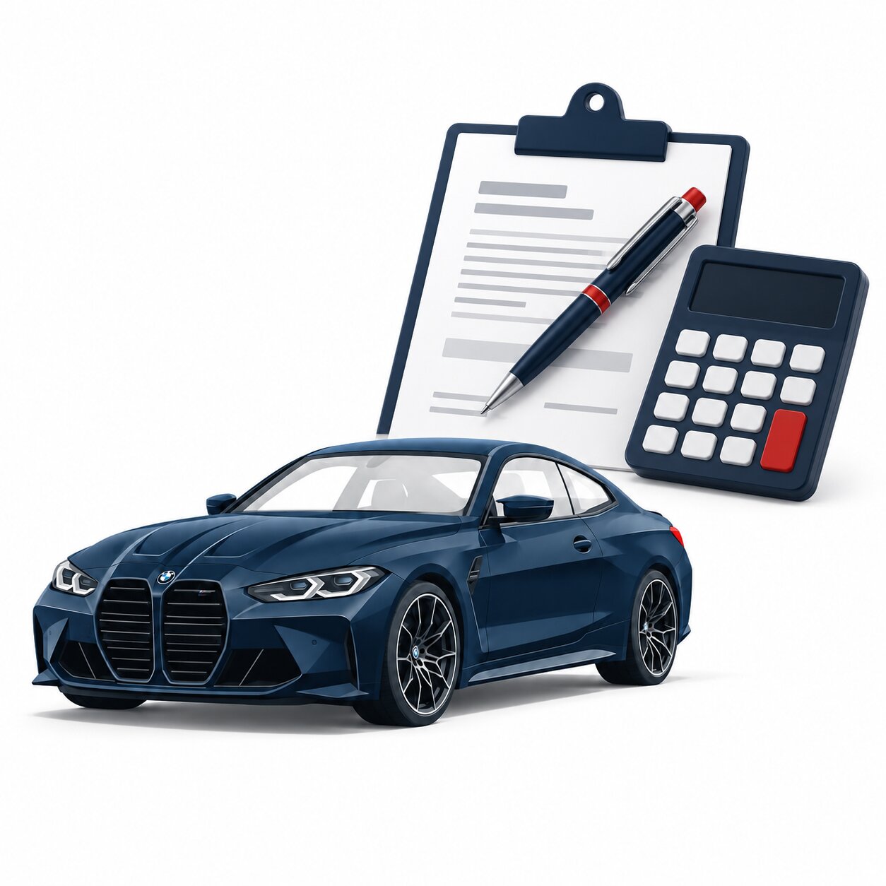 Granatowe BMW M4, umowa, kalkulator i długopis
