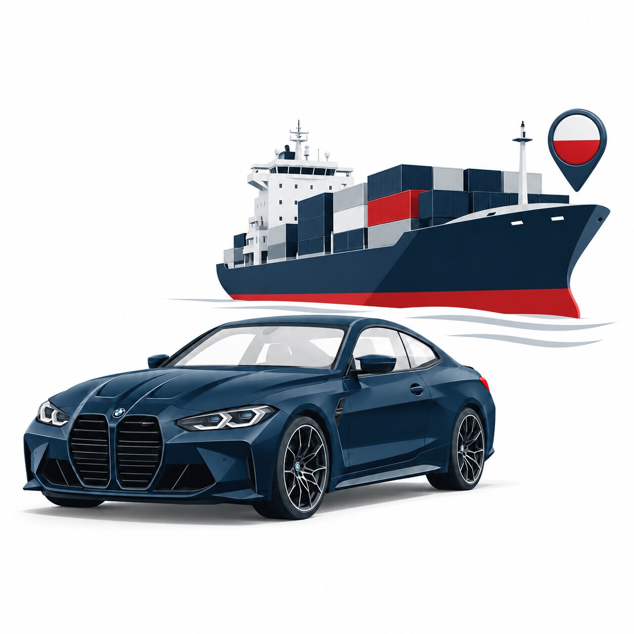 Granatowe BMW M4, kontenerowiec i znacznik Polski