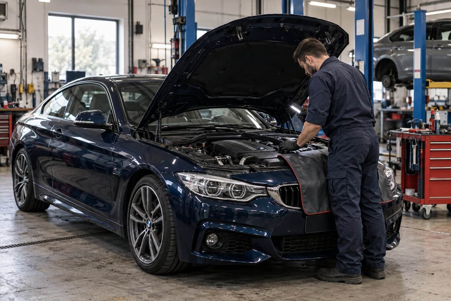 Ilustracja serwisu samochodowego: mechanik przy granatowym BMW