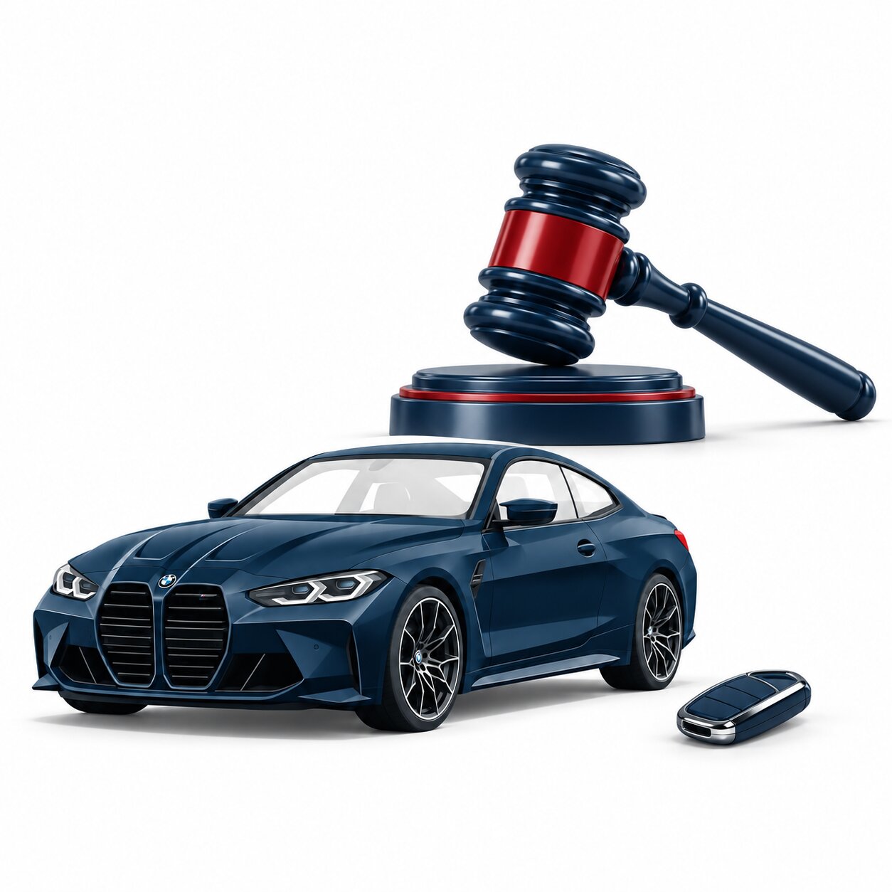 Młotek aukcyjny, kluczyk i granatowe BMW M4